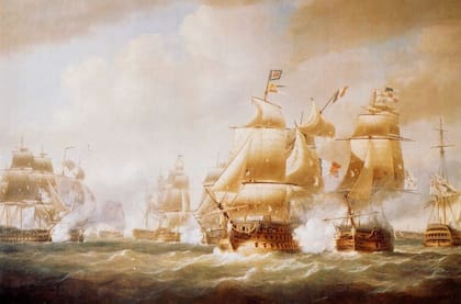 Batalla de San Domingo, por Nicholas Pocock. Tras la batalla de Trafalgar, parte de flota británica persiguió a un escuadrón francés hasta el Caribe. El 6 de febrero de 1806, frente a Santo Domingo, se produjo el combate, del que participó el HMS Agamemnon, de 64 cañones (en la pintura, es el tercero comenzando desde la derecha).