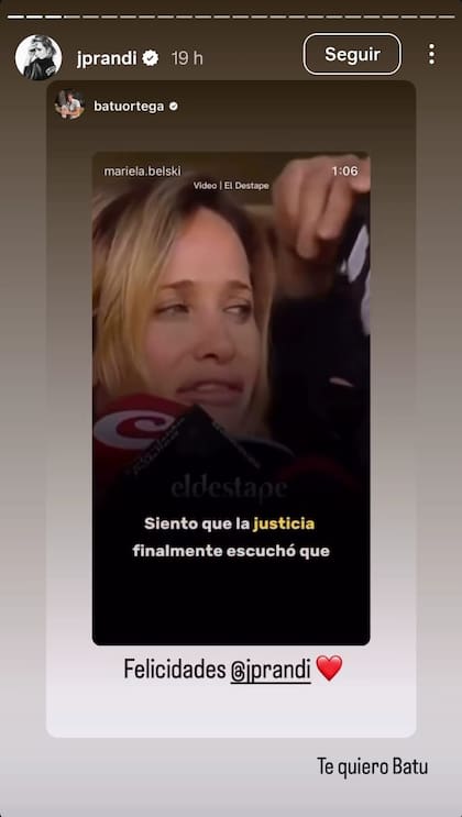 Bautista Ortega publicó un mensaje de respaldo para la conductora: "Felicidades, @jprandi" (Instagram @batuortega)