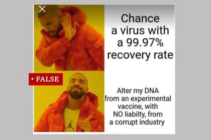 Un meme que usa la imagen del rapero Drake se usó para promover afirmaciones falsas sobre la vacuna.