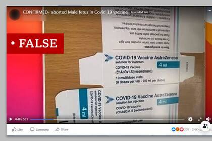 Este mensaje, con el rótulo de "FALSO" incluido por la BBC, afirma que la vacuna de covid-19 contiene tejido de un feto abortado.