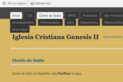 Esta página argentina asociada con la Iglesia Génesis II publicita el clorito de sodio "para purificar el agua". 