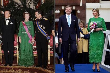 Beatriz en 1981, cuando era reina y Máxima luciendo el mismo diseño reciclado