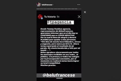 Belén Francese confirmó desde su cuenta de Instagram que ya no tiene Covid-19