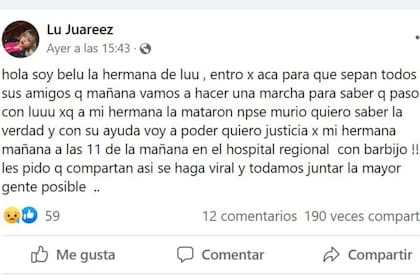 Belu publicó en el muro de Facebook de su hermana Lourdes una convocatoria para ir a la puerta del HIGA Dr. Oscar Alende de Mar del Plata a exigir explicaciones por la muerte de la joven