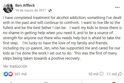 Ben Affleck anunció en 2017 que había terminado un tratamiento de alcoholismo