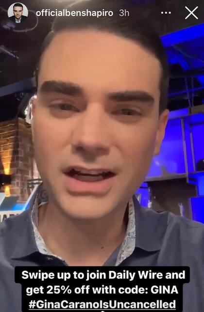 Ben Shapiro confirmó que Gina Carano trabajará con The Daily Wire y dijo: "Ella es un increíble talento abandonado por Disney y Lucasfilm por ofender a la izquierda totalitaria de Hollywood"