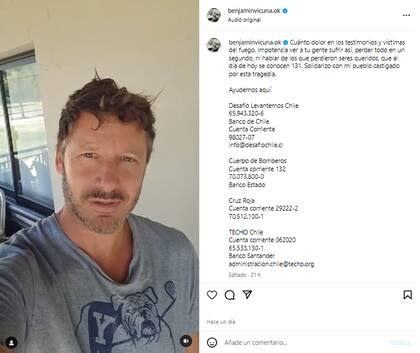 Benjamín Vicuña pidió colaboración ante el difícil momento que atraviesa Chile por los incendios forestales (Foto: Instagram @benjaminvicuna.ok)