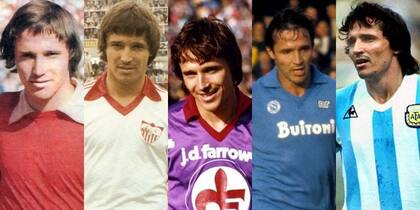 Bertoni  y casi todas sus camisetas: Independiente, Sevilla, Fiorentina, Napoli y la selección, sólo faltan los extremos, Quilmes ("mi primer gran amor", como él lo define) y Udinese, donde se retiró en 1987  