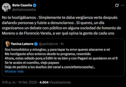Beto Casella afirmó que el problema de Yanina Latorre con Bendita no era por hostigamiento