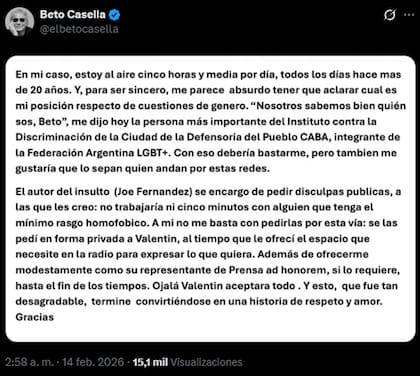 Beto Casella buscó aclarar todo lo ocurrido con un comunicado dividido en dos partes