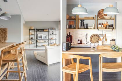 Biblioteca a medida (Sol Palou Deco) a tono con el piso de Fusion Vinilum ‘Grafito’ (Patagonia Flooring). En la cocina, banquetas, vajilla y equipamiento completo (Sol Palou Deco), bajomesada de Rauvisio negro mate (Rehau), mesada y alzada de Dekton ‘Rem’ (Canteras del Mundo).