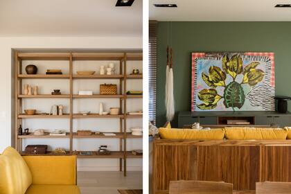 Biblioteca con estantes entelados en arpillera (Talleres Sustentables). Lámpara de mesa ‘Valle’ de Cristián Mohaded (Mínimo Lighting). Obra colgante de Agustín Leiro y Cris Codern.