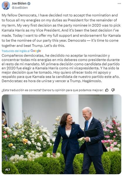 Biden se bajó de la carrera presidencial y respaldó a Kamala Harris como su reemplazante