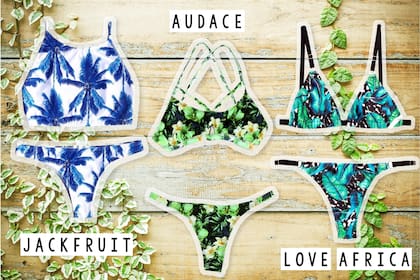 Bikini con top estilo deportivo estampada $850 de Jackfruit / Bikini corpiño estampada en verdes $990 de Audace / Bikini triangulito estampada selva $950 de Loveafrica
