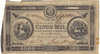 Billete de 1856, de 5000 Pesos Moneda Corriente, con la imagen de Poseidón sobre el costado derecho