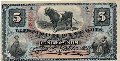 Billete de 1869. 5 Pesos Moneda Corriente, con imágenes gauchezcas. Curiosamente, fueron emitidos durante la presidencia de Domingo Faustino Sarmiento