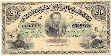 Billete de 1869, de 20 Pesos Moneda Corriente, con la imagen del general Juan Lavalle