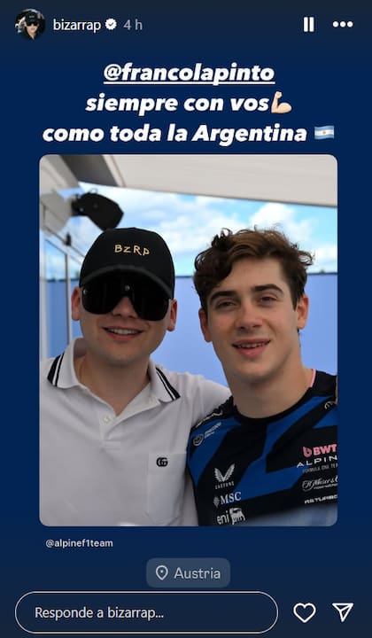 Bizarrap compartió el posteo que hizo la cuenta oficial de Alpine en Instagram y le dedicó un fuerte mensaje de apoyo a su amigo (Foto: Instagram @bizarrap)