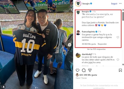 Boca hizo referencia a la estadía de Dua Lipa y Colapinto no perdió la oportunidad de invitarla a una carrera
