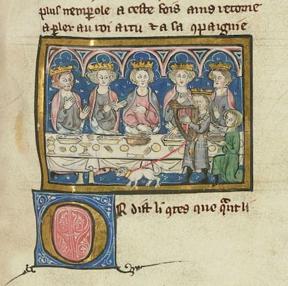 Boceto del episodio en que Merlín ingresa al banquete real y se dirige a Arturo