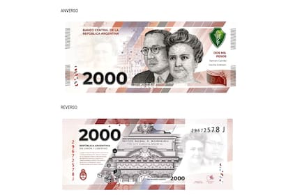 Boceto del nuevo billete de 2000 pesos, con Grierson y Carrillo en al anverso y el Instituto Malbrán en el reverso