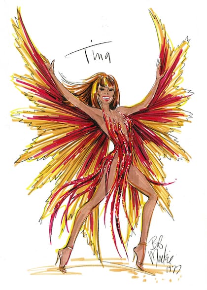 Boceto del Vestido Flamígero diseñado para Tina Turner por Bob Mackie, en 1977