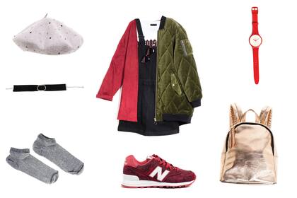 Boina (Isadora, $399); jardinero de jean (Lee, $1649), remera (Complot, $550); cárdigan (Inédita, $1700); campera bomber (Perramus, $6680); reloj (Swatch, $3695); choker (Uma, $450); mochila (Indiastyle, $1600 en dressit.com; medias (Tucci, $180); zapatillas (New Balance, $2599).