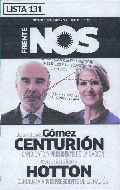 Boleta del Frente Nos, con Juan José Gómez Centurión y Cynthia Liliana Hotton.