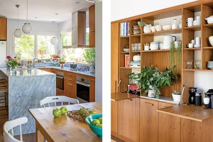 Bolsa de yute tejida en macramé (Vero Alessandrini). Frutera de cerámica (Taller Los Naranjos). Florero (Arte Raku). Bacha doble (Johnson Acero). Grifería (FV). Revestimiento de pared (Cerámica Piú).