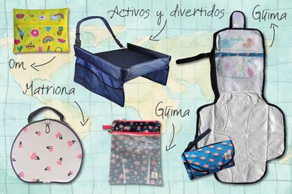 Bolsito de Om $150 / Bandeja de viaje de Activos y divertidos $743 / Lunchera de Matriona $480 / Bolsito con red para separar ropa sucia de Güima $450 / Bolso cambiador de Güima $720