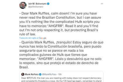 Bolsonaro ninguneo a Mark Ruffalo tras sus acusaciones (Foto: Twitter @jairbolsonaro)