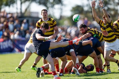 Bomba arriba de Mateo Freire, el medio-scrum de Buenos Aires; intenta tapar Theo Blaksley, de Belgrano.
