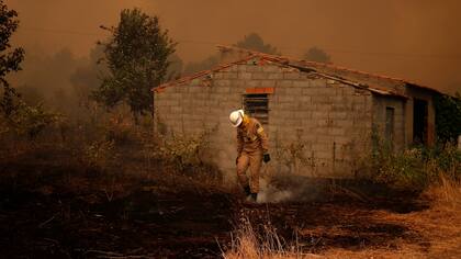 Bomberos trabajan para apagar un incendio forestal en el pueblo de Carvoeiro, cerca de Castelo Branco, Portugal.