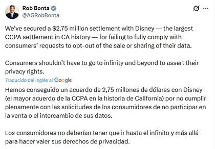Bonta destacó el acuerdo de 2,75 millones de dólares con Disney