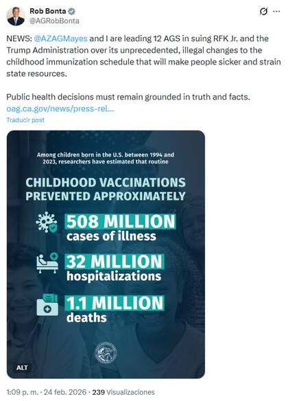 Bonta señala que "socavar la confianza en las vacunas resultará en menores tasas de vacunación y más enfermedades infecciosas"