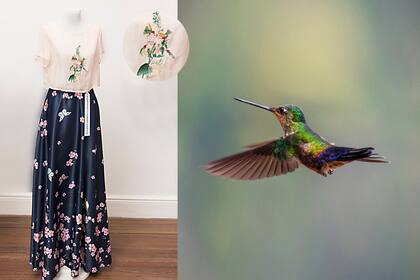 Bordado a mano de la polinización de colibríes y mariposas