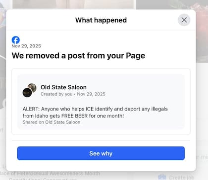 Borran posts de la cuenta de FB de Old State Saloon tras polémica con el ICE (X @OldStateSaloon)