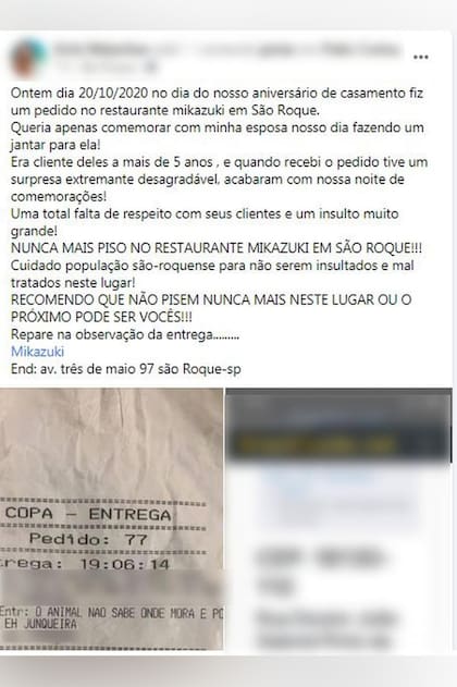 Asombrado y furioso por el ataque de su restaurante favorito, el hombre que vive en Junqueira, publicó un mensaje en su cuenta de Facebook con la foto del condenable texto
