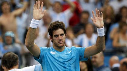 Brazos en alto para Del Potro, que festejó con mesura tras el abandono de Djokovic en la serie de 2011