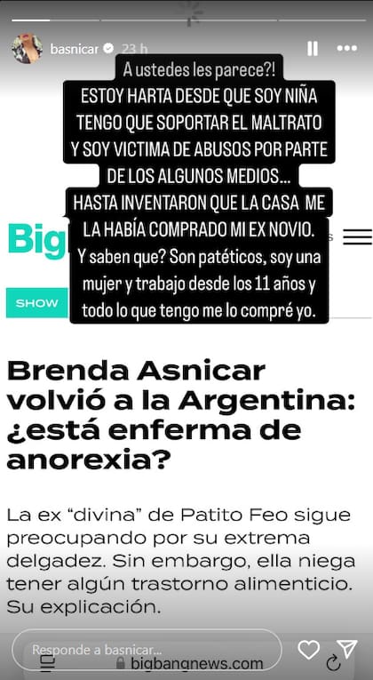 Brenda Asnicar recibió duras críticas y no se quedó callada (Captura: Instagram @basnicar)