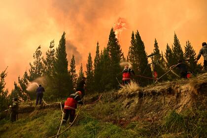 Brigadistas trabajando en El Hoyo, Patagonia