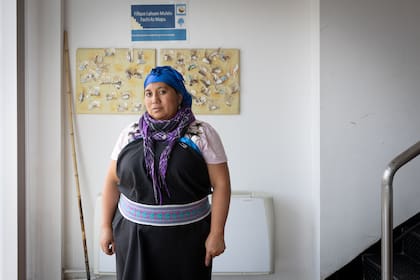 Brígida, es la persona encargada de los turnos del machi Víctor Cañiullan posa en la sala de espera del Centro de Salud