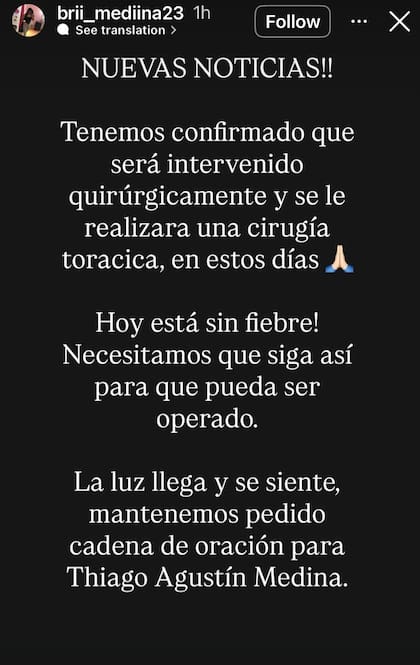 Brisa, hermana de Thiago Medina, confirmó que el exparticipante de Gran Hermano será operado