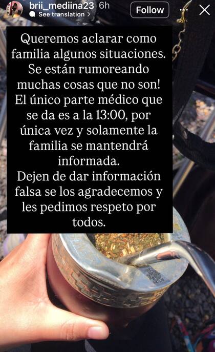 Camila Medina aclaró en Instagram que solo hay un parte médico diario sobre la salud de su hermano