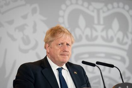 Britain's Prime Minister Boris Johnson speaks at a press conference in Delhi, on the last day of his two day trip to India, Friday, April 22, 2022. (Stefan Rousseau/Pool Photo via AP)