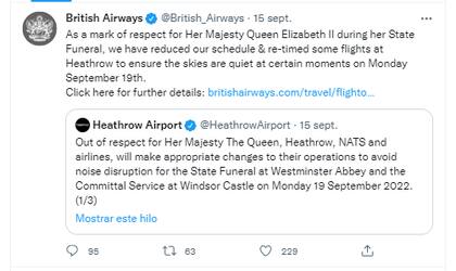 British Airways anunció redujo y reprogramó sus vuelos al aeropuerto de Heathrow para asegurar que el cielo "permaneciera tranquilo durante ciertos momentos del lunes 19 de septiembre" con ocasión del funeral de Isabel II