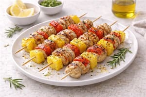 Brochettes de pollo y ananá