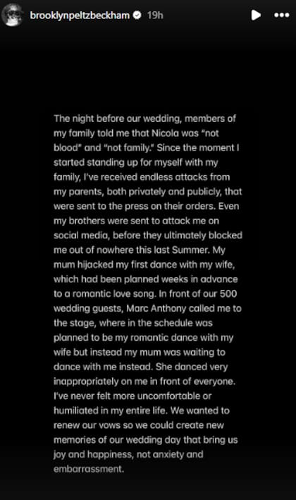 Brooklyn aseguró que sus padres buscaron arruinar su relación desde antes de su casamiento y le hicieron comentarios despectivos sobre su esposa la noche de la boda