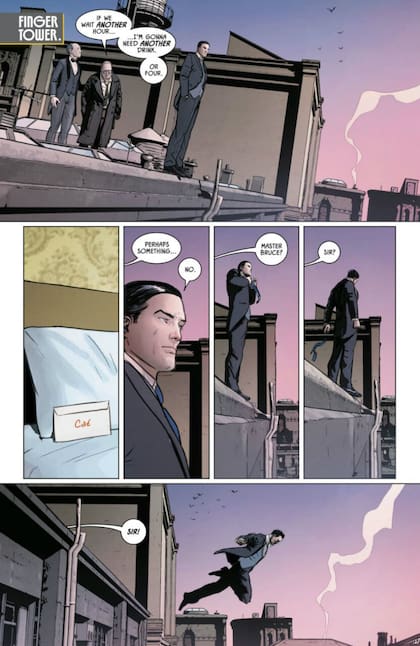 Bruce Wayne, tras el plantón, en las cornisas de Ciudad Gótica
