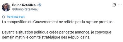 Bruno Retailleau, líder de Los Republicanos, encabezó la rebelión que precipitó la renuncia del primer ministro Lecornu (Fuente: @BrunoRetailleau)